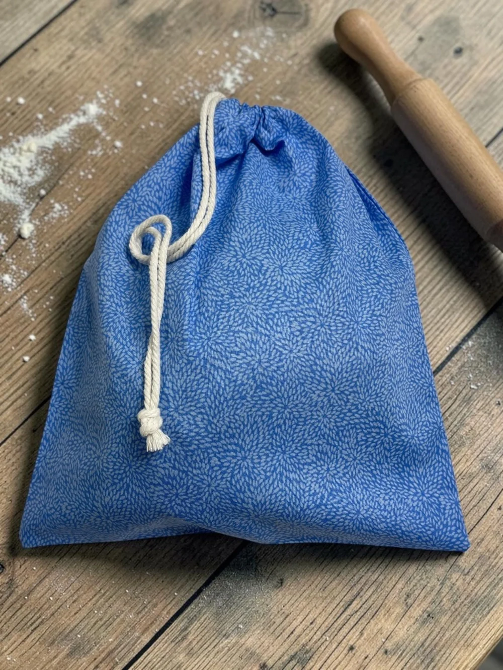 Blue Floral Organic Cotton Bread Bag, Reusable Bread Storage Bag, Sourdough Bag
